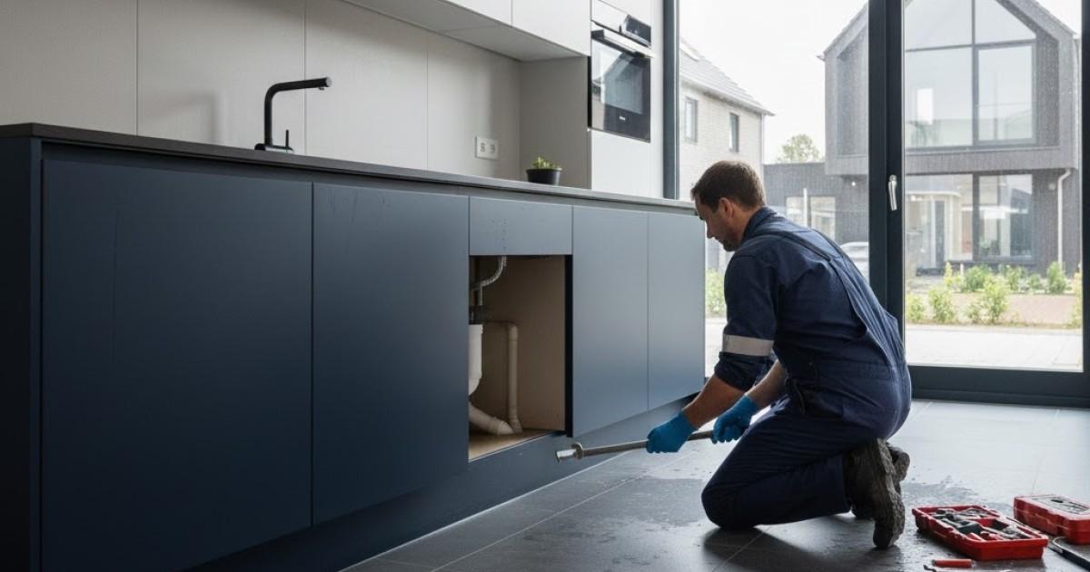 Monteur van Vak Loodgieter B.V. voert gootsteenontstopping uit in Houten